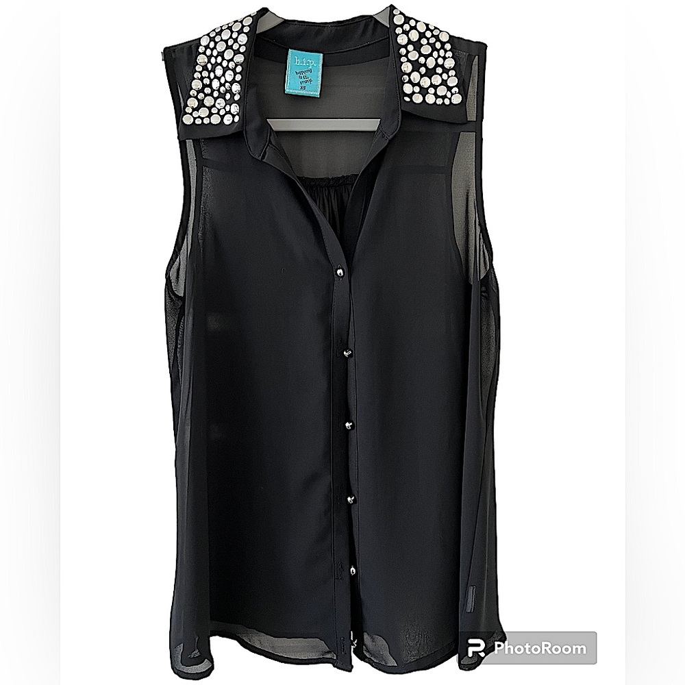 H.I.P Black Sleeveless Sheer Button Up